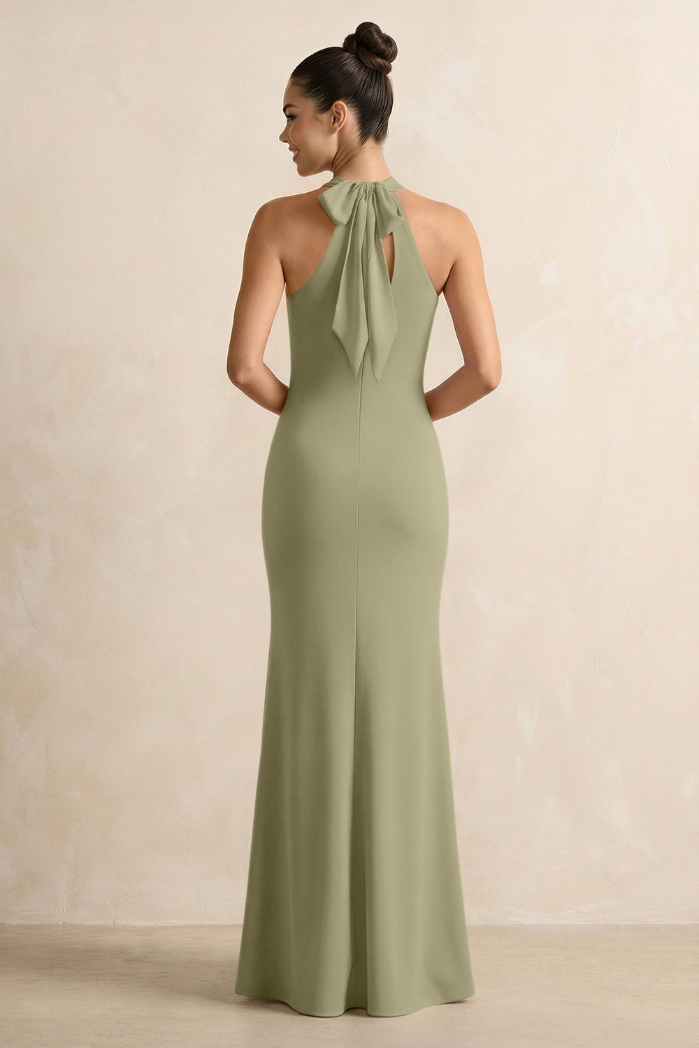 Crisscross Halter Sheath Chiffon Bridesmaid Dress with Bow in Thyme - KISS BRIDAL BRIDESMAID DRESSES