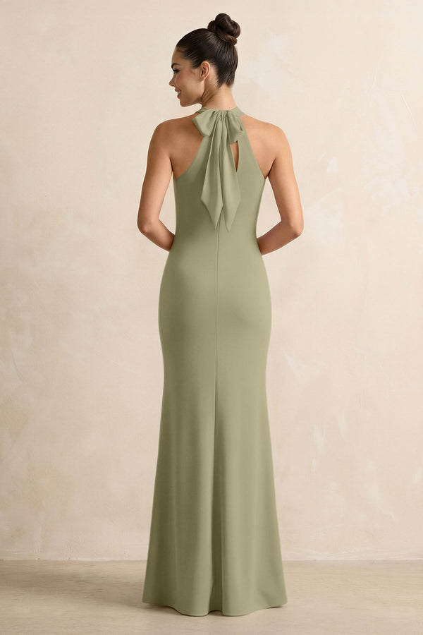 Crisscross Halter Sheath Chiffon Bridesmaid Dress with Bow in Thyme - SHE IS ME BRIDESMAID DRESSES