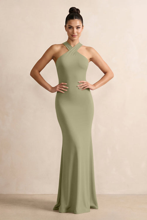 Crisscross Halter Sheath Chiffon Bridesmaid Dress with Bow in Thyme - SHE IS ME BRIDESMAID DRESSES