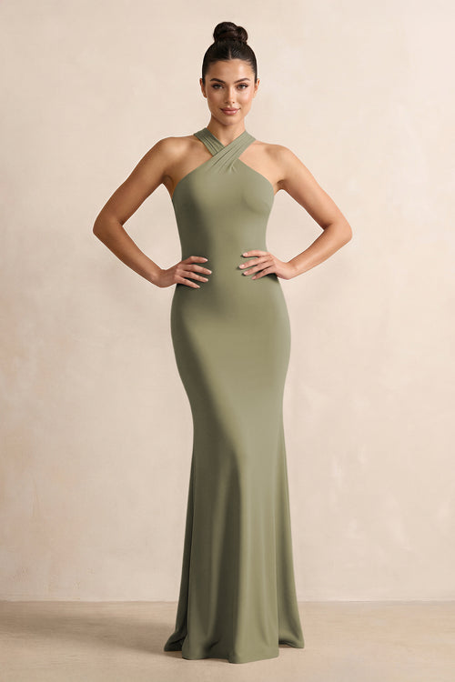 Crisscross Halter Sheath Chiffon Bridesmaid Dress with Bow in Thyme | KISSBRIDAL