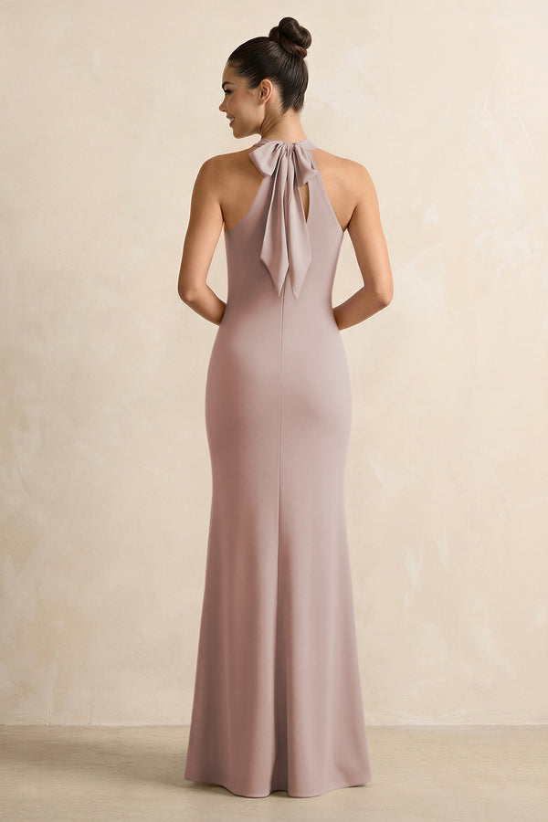 Crisscross Halter Sheath Chiffon Bridesmaid Dress with Bow in Toffee (2) | KISSBRIDAL