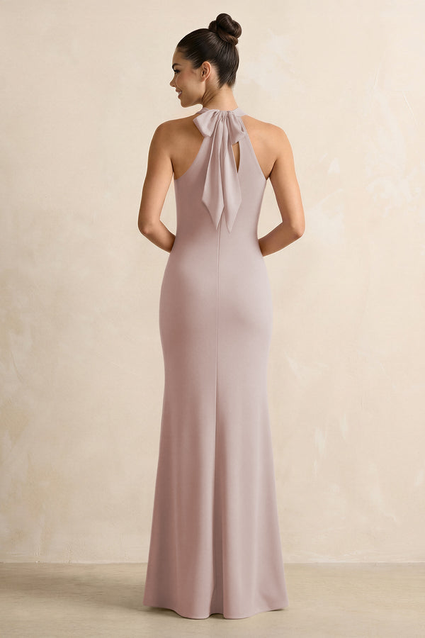 Crisscross Halter Sheath Chiffon Bridesmaid Dress with Bow in Toffee - SHE IS ME BRIDESMAID DRESSES