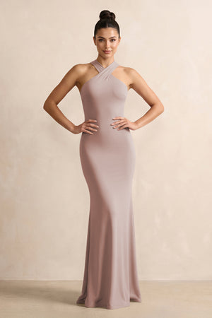 Crisscross Halter Sheath Chiffon Bridesmaid Dress with Bow in Toffee | KISSBRIDAL