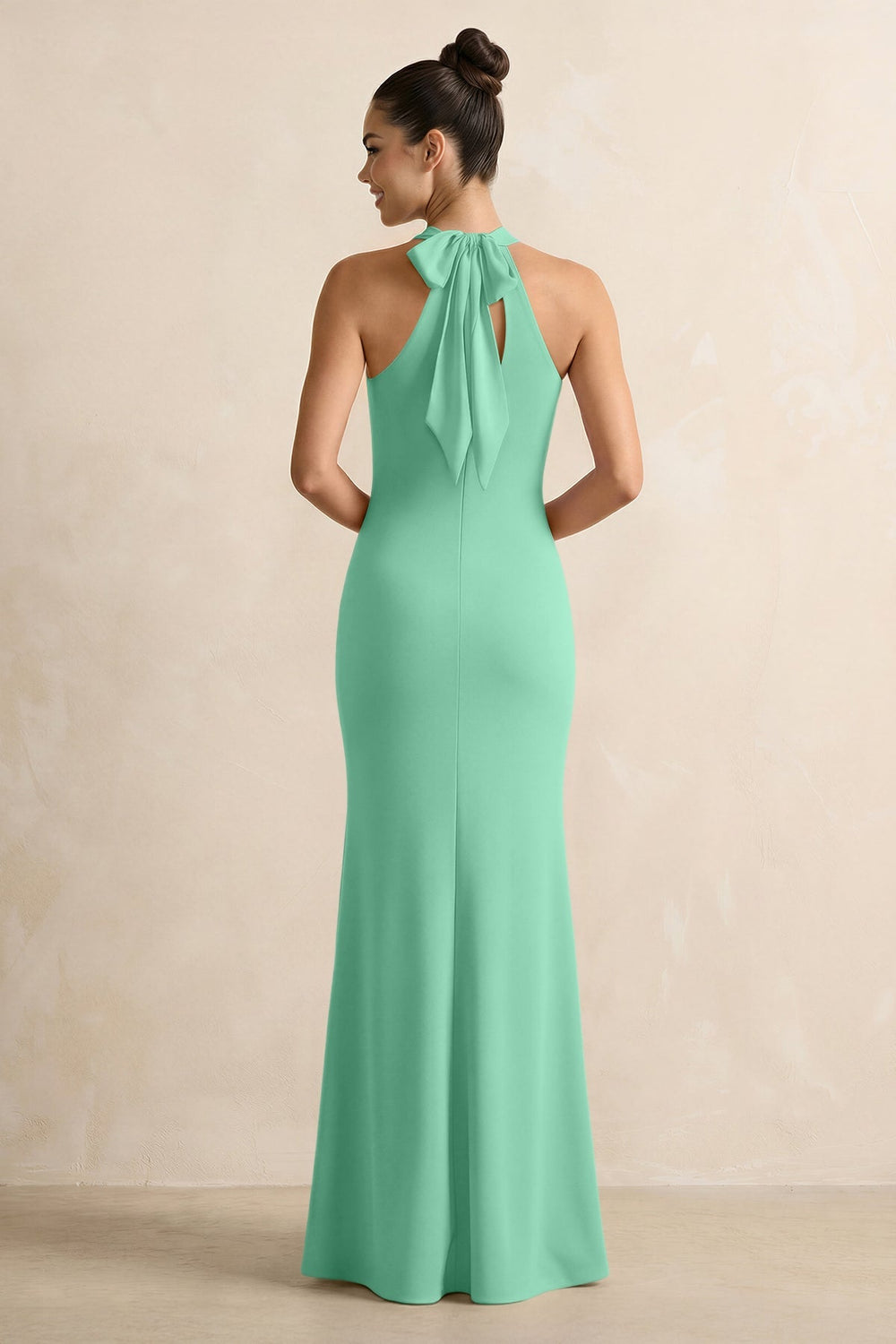 Crisscross Halter Sheath Chiffon Bridesmaid Dress with Bow in Turquoise - KISS BRIDAL BRIDESMAID DRESSES