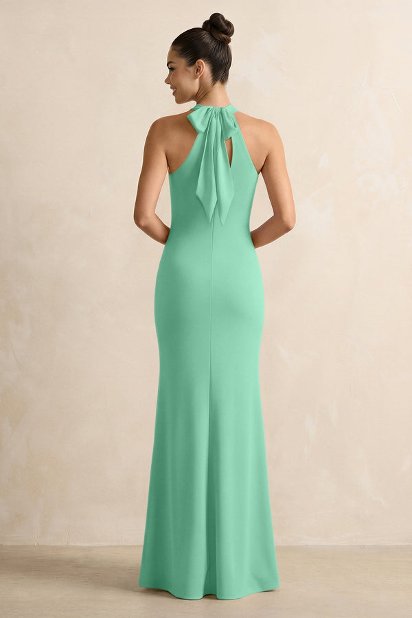 Crisscross Halter Sheath Chiffon Bridesmaid Dress with Bow in Turquoise - SHE IS ME BRIDESMAID DRESSES