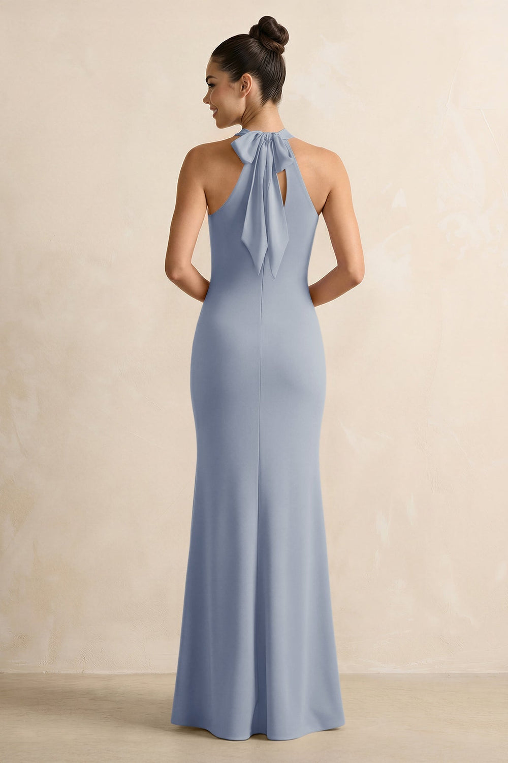Crisscross Halter Sheath Chiffon Bridesmaid Dress with Bow in Twilight - KISS BRIDAL BRIDESMAID DRESSES