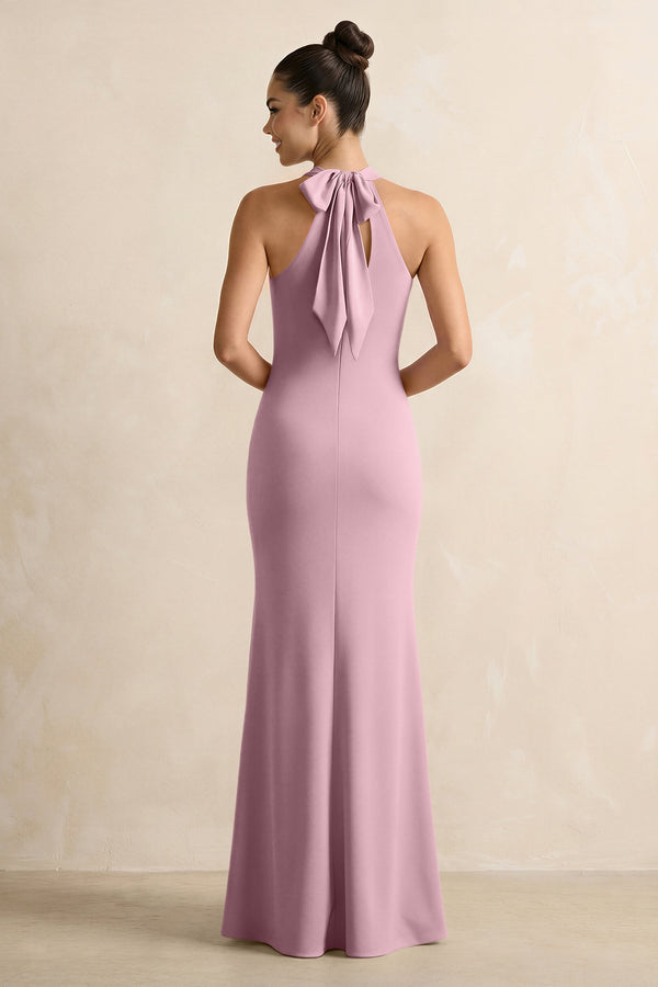 Crisscross Halter Sheath Chiffon Bridesmaid Dress with Bow in Vintage Mauve (2) | KISSBRIDAL