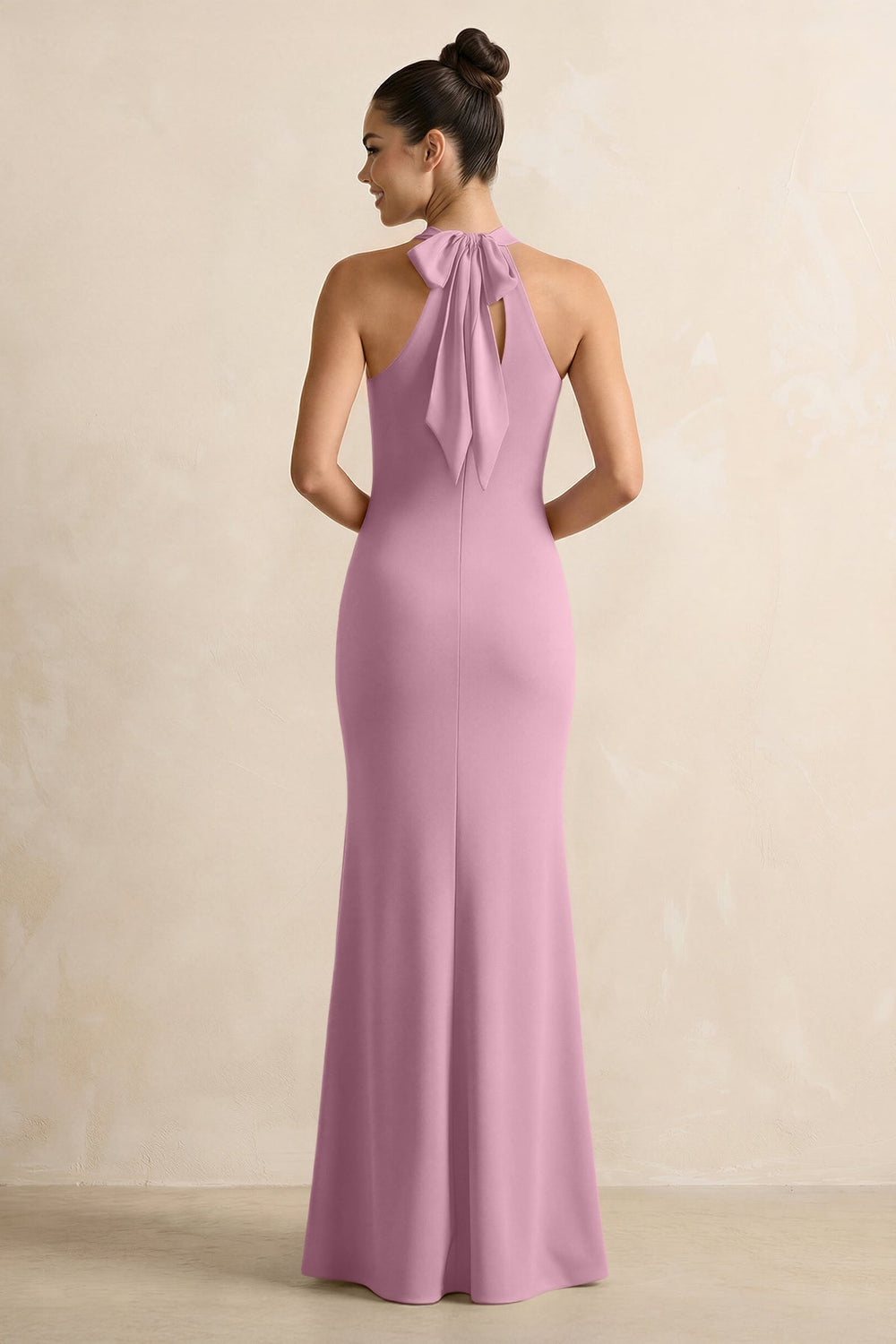 Crisscross Halter Sheath Chiffon Bridesmaid Dress with Bow in Vintage Mauve - KISS BRIDAL BRIDESMAID DRESSES