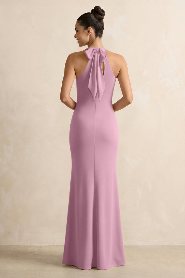 Crisscross Halter Sheath Chiffon Bridesmaid Dress with Bow in Vintage Mauve - SHE IS ME BRIDESMAID DRESSES