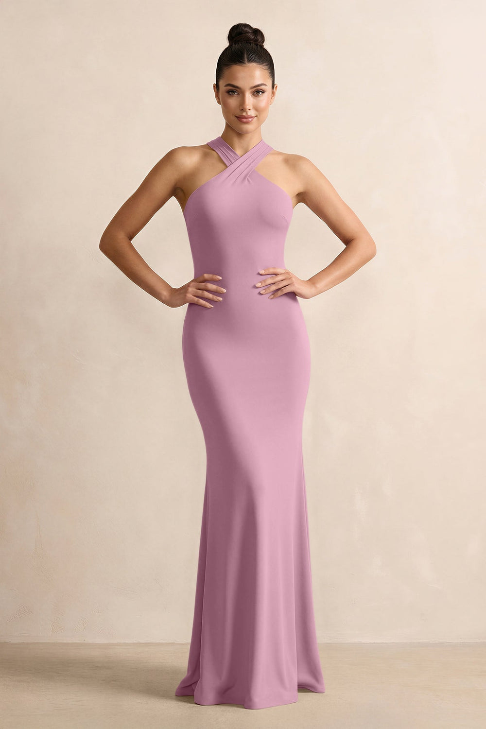 Crisscross Halter Sheath Chiffon Bridesmaid Dress with Bow in Vintage Mauve - KISS BRIDAL BRIDESMAID DRESSES