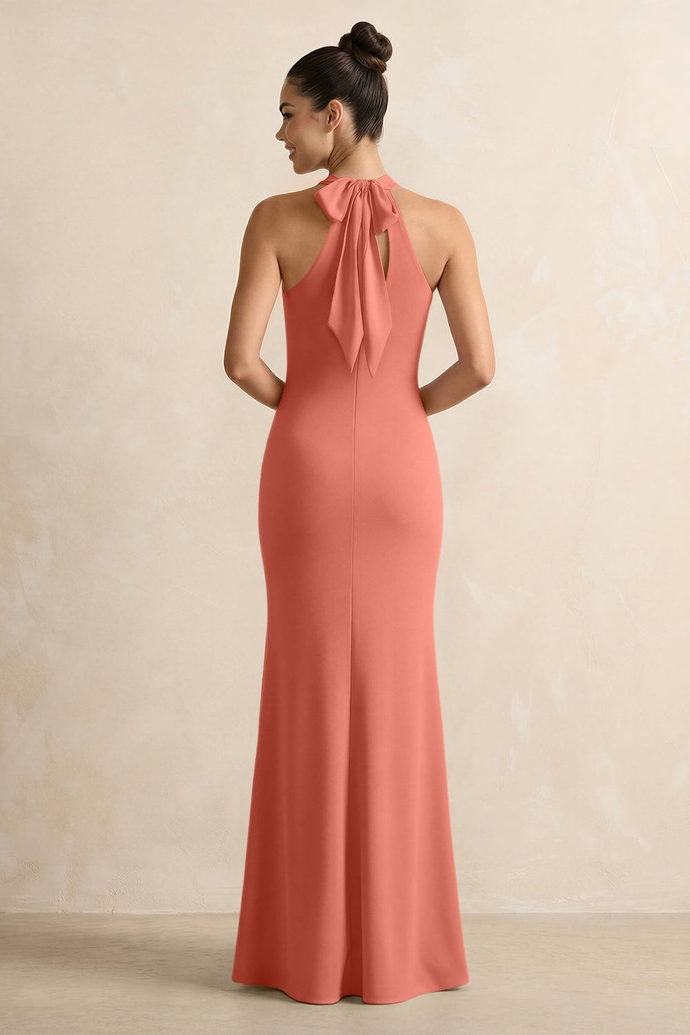 Crisscross Halter Sheath Chiffon Bridesmaid Dress with Bow in Wild Rose - KISS BRIDAL BRIDESMAID DRESSES