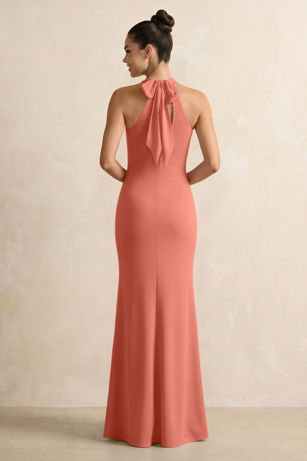 Crisscross Halter Sheath Chiffon Bridesmaid Dress with Bow in Wild Rose - SHE IS ME BRIDESMAID DRESSES