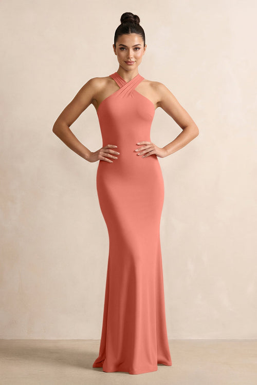 Crisscross Halter Sheath Chiffon Bridesmaid Dress with Bow in Wild Rose - SHE IS ME BRIDESMAID DRESSES