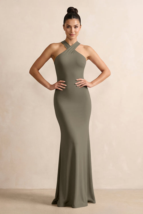Crisscross Halter Sheath Chiffon Bridesmaid Dress with Bow in Willow Green - SHE IS ME BRIDESMAID DRESSES