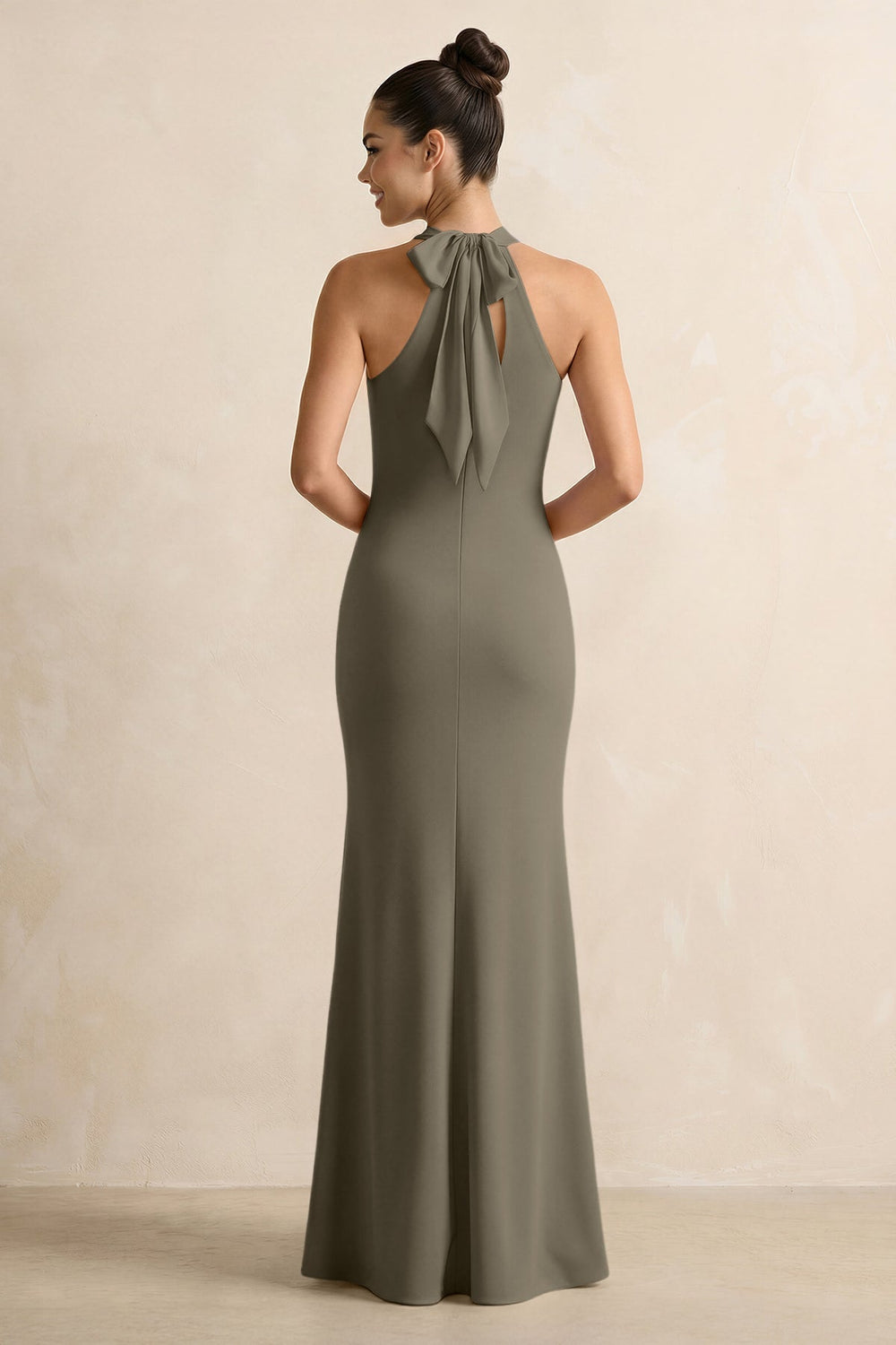 Crisscross Halter Sheath Chiffon Bridesmaid Dress with Bow in Willow Green - KISS BRIDAL BRIDESMAID DRESSES