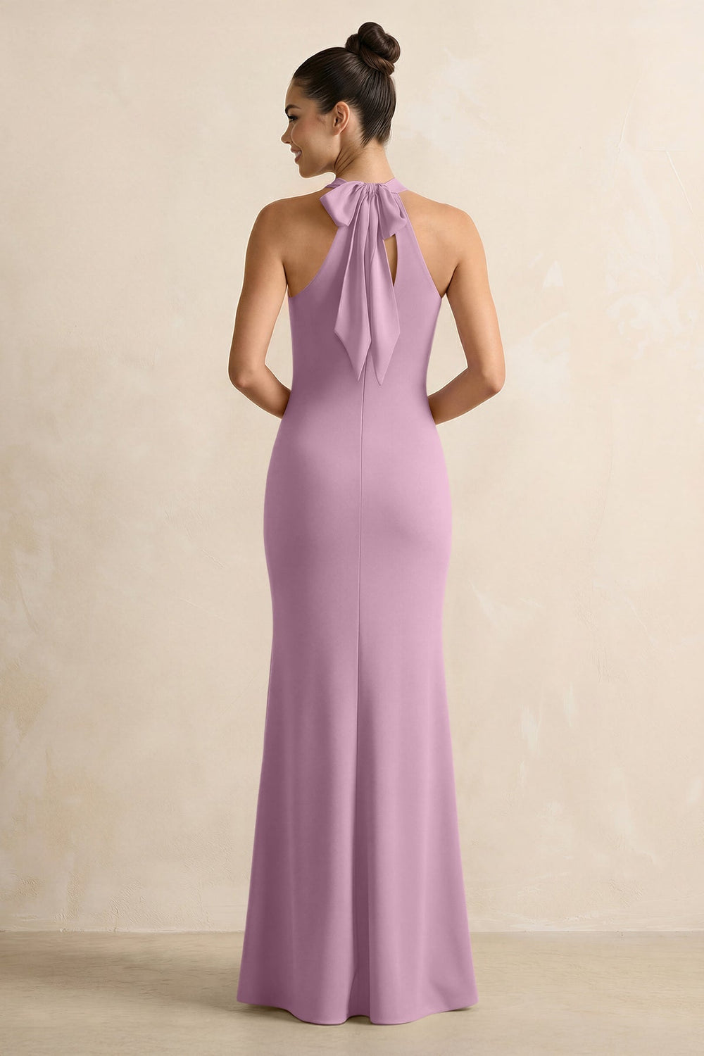 Crisscross Halter Sheath Chiffon Bridesmaid Dress with Bow in Wisteria - KISS BRIDAL BRIDESMAID DRESSES