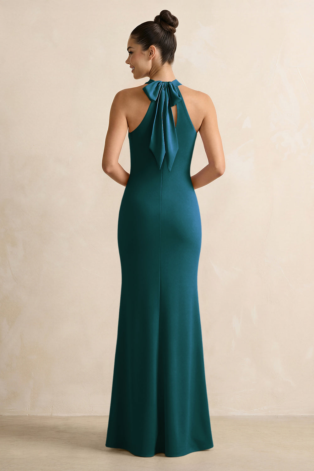Crisscross Halter Sheath Satin Bridesmaid Dress with Bow in Pine
