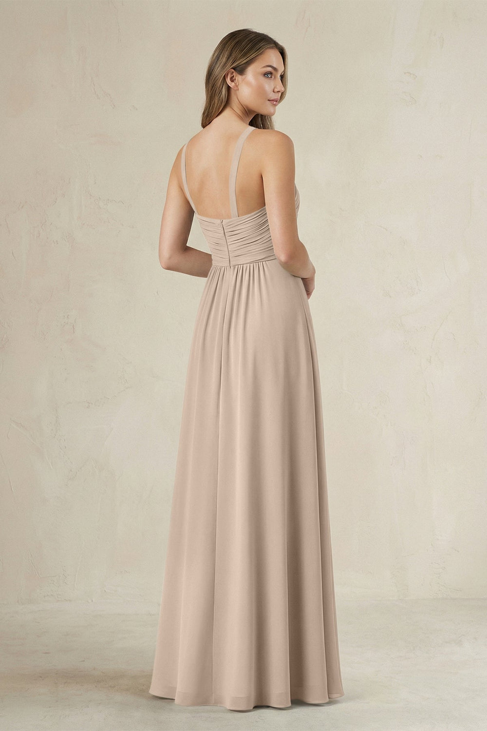 Cross Halter A - Line Pleated Bridesmaid Dress in Almond - KISS BRIDAL Bridesmaid Dresses