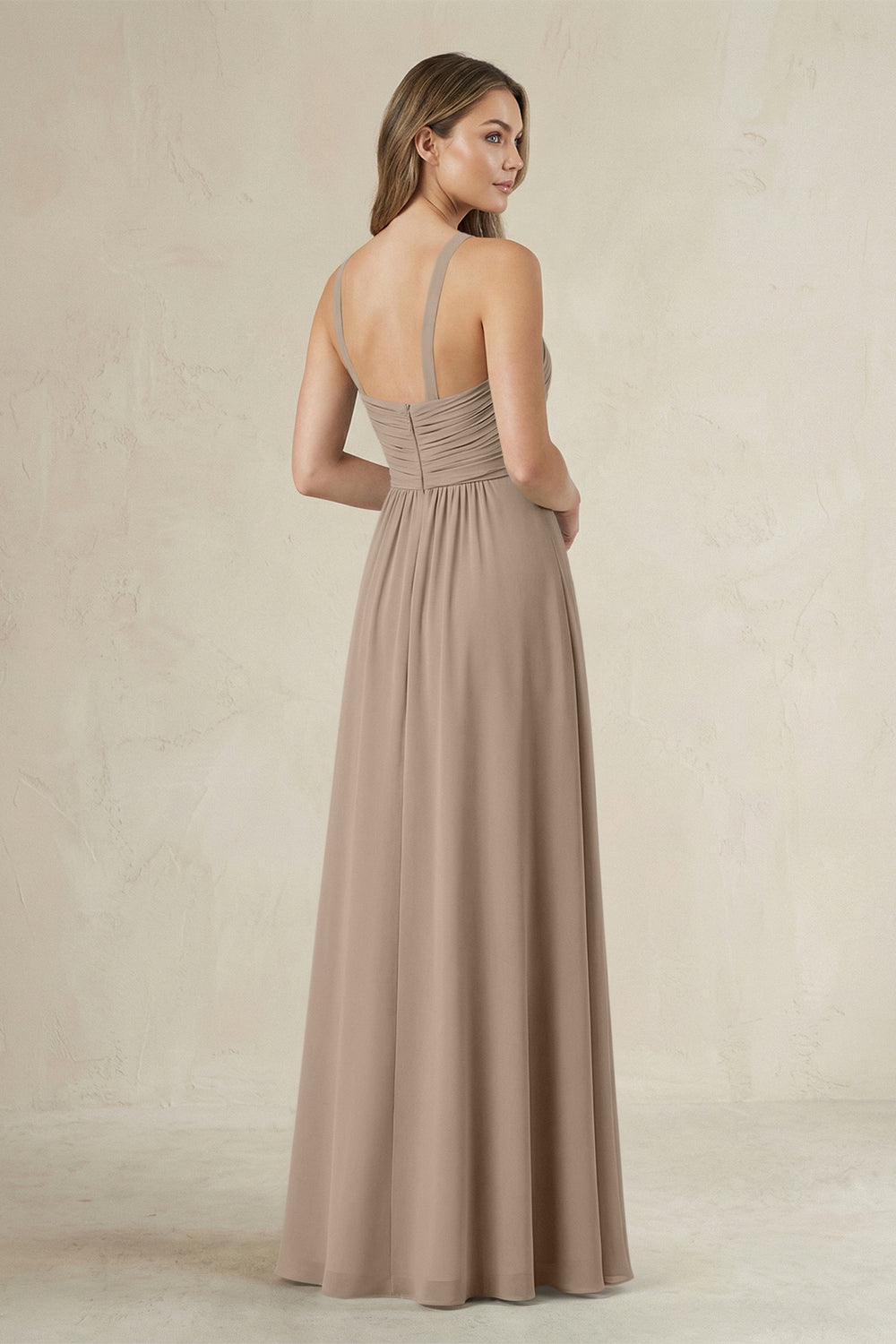 Cross Halter A-Line Pleated Bridesmaid Dress in Almond