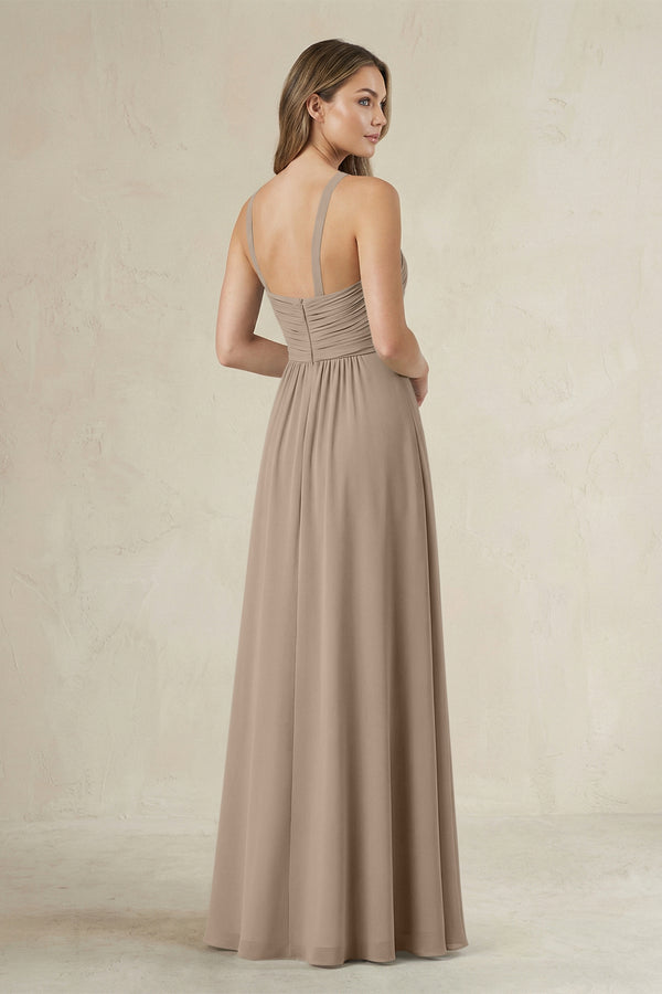 Cross Halter A-Line Pleated Bridesmaid Dress in Almond (2) | KISSBRIDAL