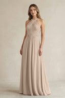 Cross Halter A - Line Pleated Bridesmaid Dress in Almond - SHE IS ME Bridesmaid Dresses