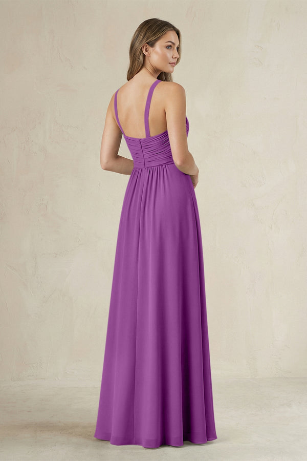 Cross Halter A - Line Pleated Bridesmaid Dress in Amethyst - SHE IS ME Bridesmaid Dresses