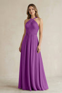 Cross Halter A - Line Pleated Bridesmaid Dress in Amethyst - SHE IS ME Bridesmaid Dresses