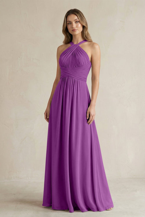 Cross Halter A - Line Pleated Bridesmaid Dress in Amethyst - SHE IS ME Bridesmaid Dresses