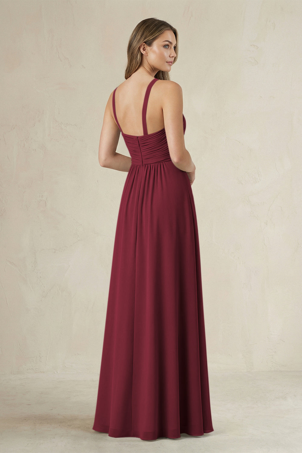 Cross Halter A-Line Pleated Bridesmaid Dress in Berry