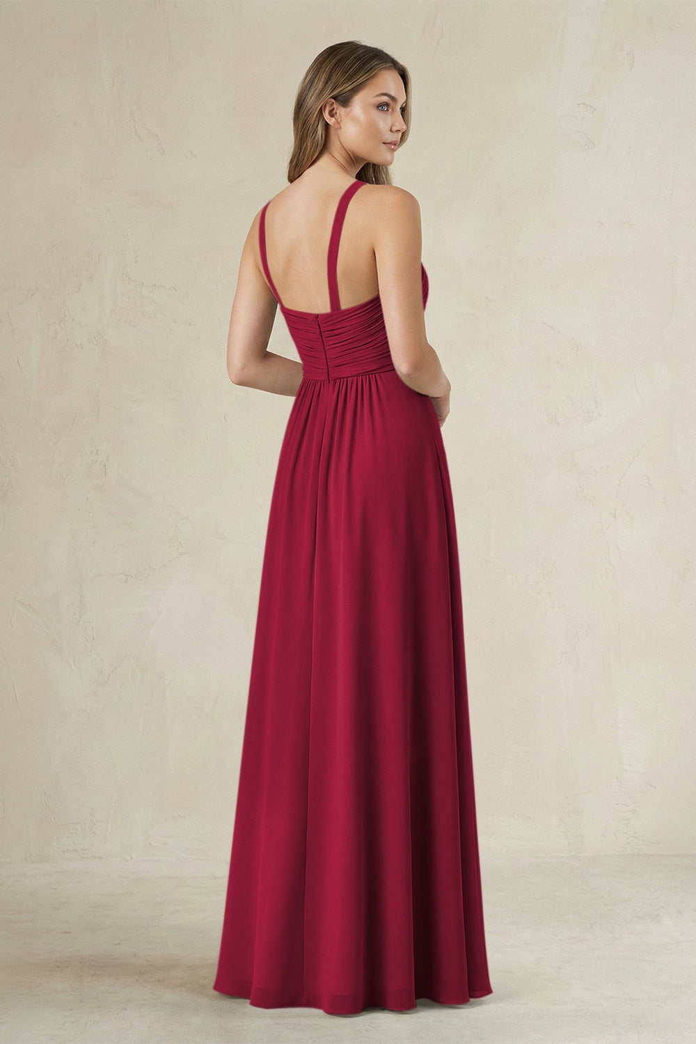 Cross Halter A - Line Pleated Bridesmaid Dress in Berry - KISS BRIDAL Bridesmaid Dresses