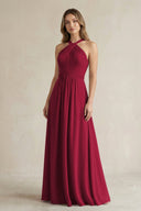 Cross Halter A - Line Pleated Bridesmaid Dress in Berry - SHE IS ME Bridesmaid Dresses