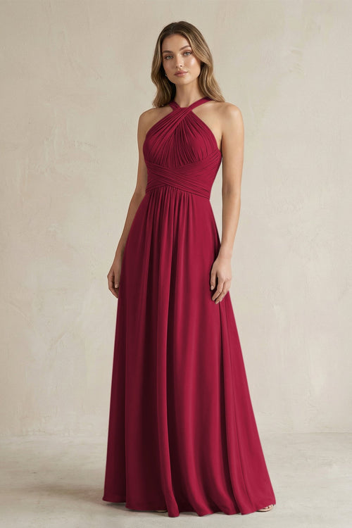Cross Halter A - Line Pleated Bridesmaid Dress in Berry - SHE IS ME Bridesmaid Dresses