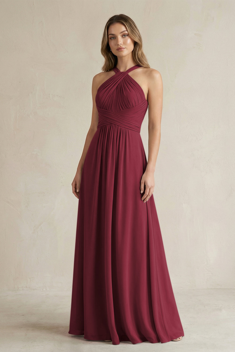 Cross Halter A-Line Pleated Bridesmaid Dress in Berry