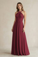 Cross Halter A-Line Pleated Bridesmaid Dress in Berry | KISSBRIDAL
