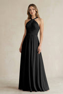 Cross Halter A - Line Pleated Bridesmaid Dress in Black - SHE IS ME Bridesmaid Dresses