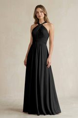 Cross Halter A - Line Pleated Bridesmaid Dress in Black - KISS BRIDAL Bridesmaid Dresses