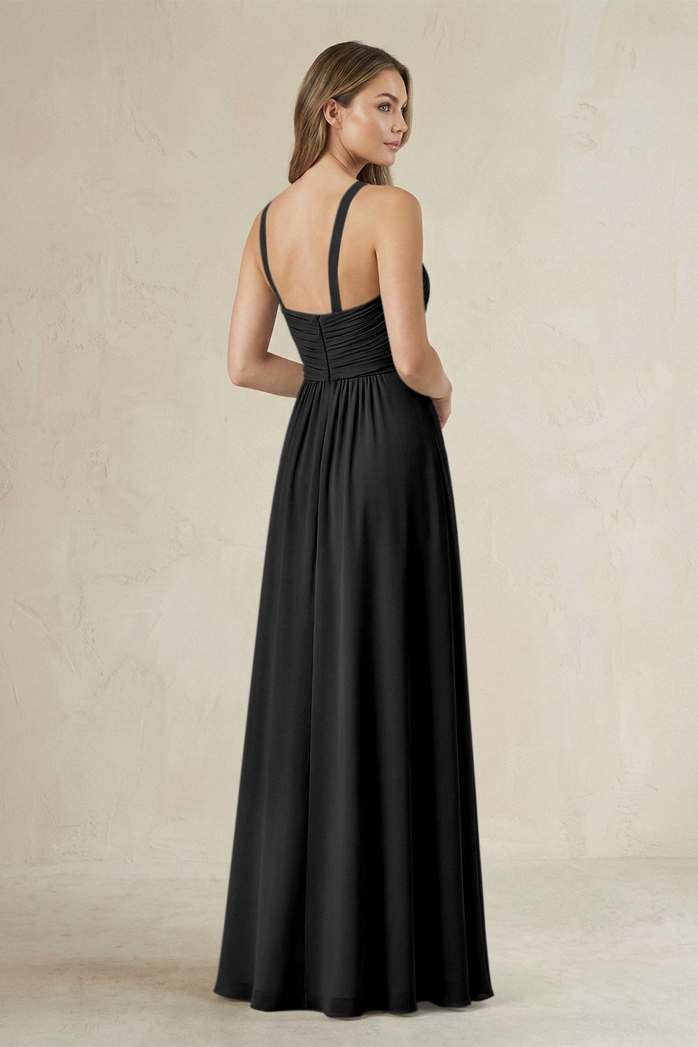 Cross Halter A - Line Pleated Bridesmaid Dress in Black - KISS BRIDAL Bridesmaid Dresses