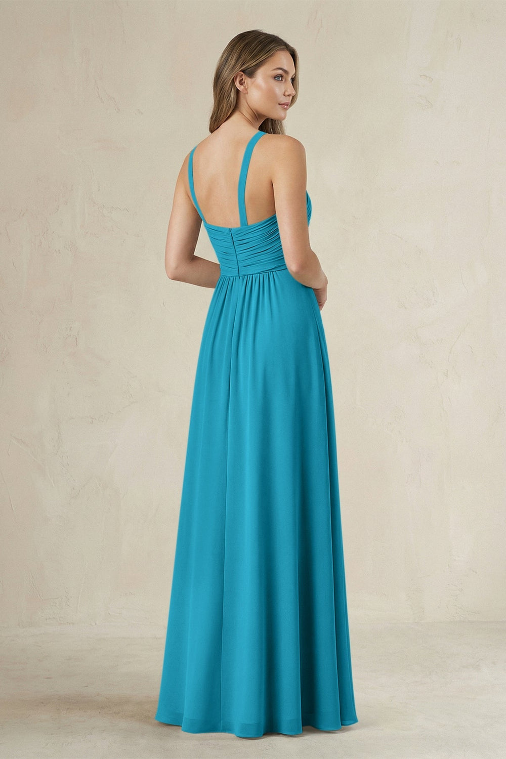 Cross Halter A - Line Pleated Bridesmaid Dress in Blue Jay - KISS BRIDAL Bridesmaid Dresses