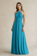 Cross Halter A - Line Pleated Bridesmaid Dress in Blue Jay - SHE IS ME Bridesmaid Dresses