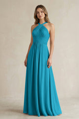 Cross Halter A - Line Pleated Bridesmaid Dress in Blue Jay - KISS BRIDAL Bridesmaid Dresses