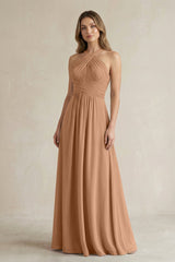 Cross Halter A - Line Pleated Bridesmaid Dress in Bronzer - KISS BRIDAL Bridesmaid Dresses
