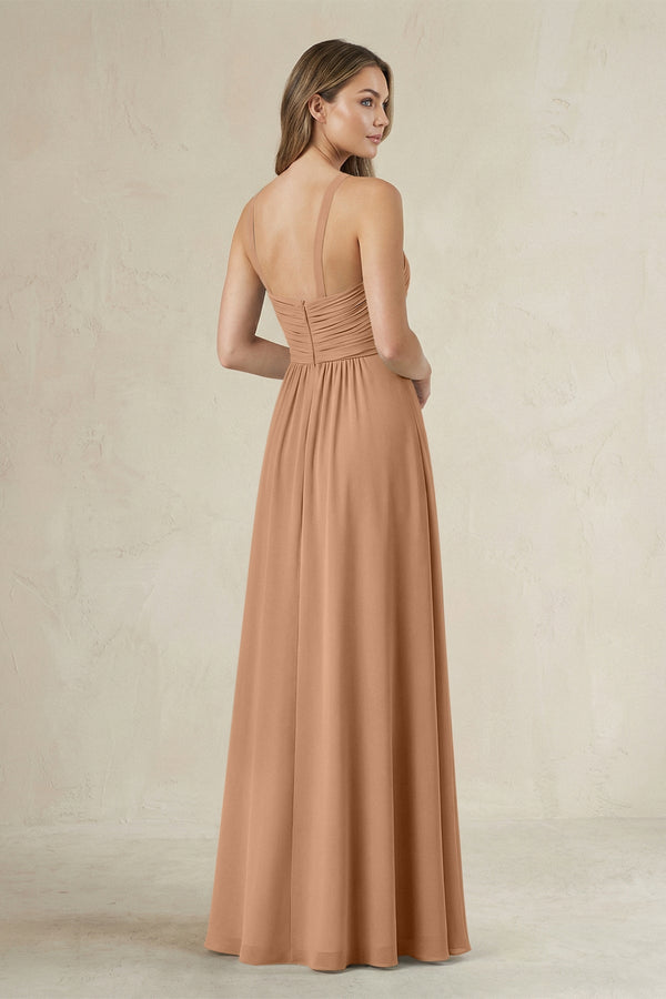 Cross Halter A - Line Pleated Bridesmaid Dress in Bronzer - SHE IS ME Bridesmaid Dresses