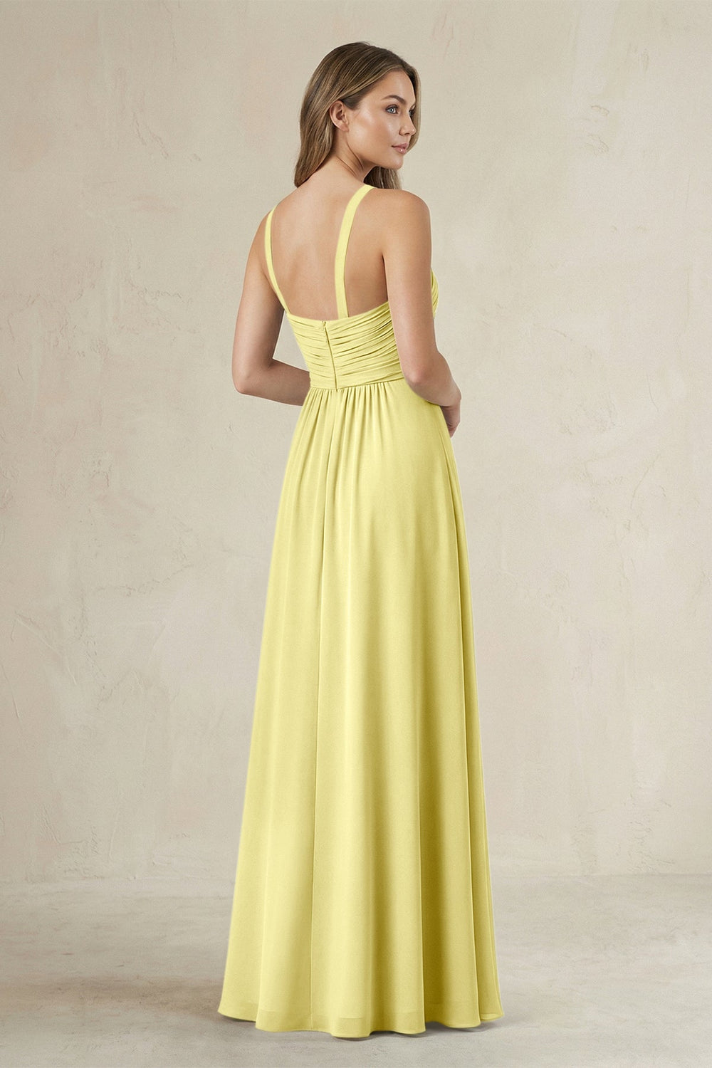 Cross Halter A - Line Pleated Bridesmaid Dress in Buttercup - KISS BRIDAL Bridesmaid Dresses