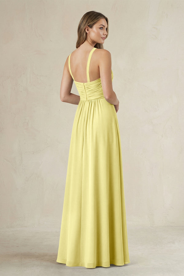 Cross Halter A - Line Pleated Bridesmaid Dress in Buttercup - SHE IS ME Bridesmaid Dresses