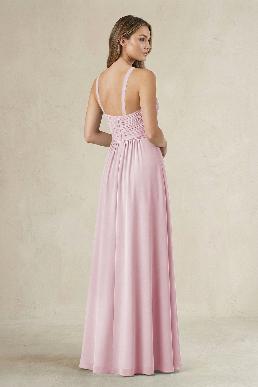 Cross Halter A - Line Pleated Bridesmaid Dress in Candy Pink - KISS BRIDAL Bridesmaid Dresses
