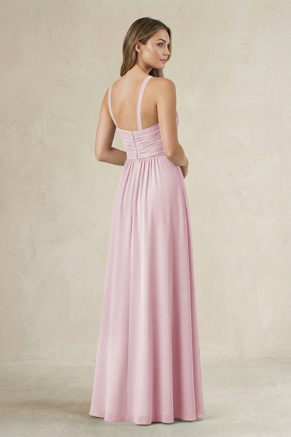 Cross Halter A - Line Pleated Bridesmaid Dress in Candy Pink - SHE IS ME Bridesmaid Dresses