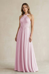 Cross Halter A-Line Pleated Bridesmaid Dress in Candy Pink | KISSBRIDAL