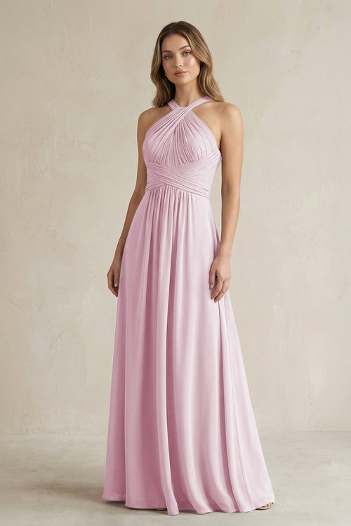 Cross Halter A-Line Pleated Bridesmaid Dress in Candy Pink | KISSBRIDAL