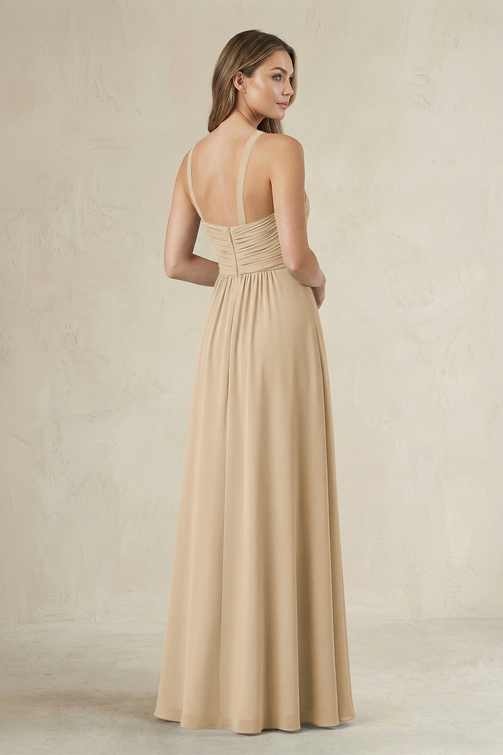 Cross Halter A-Line Pleated Bridesmaid Dress in Champagne