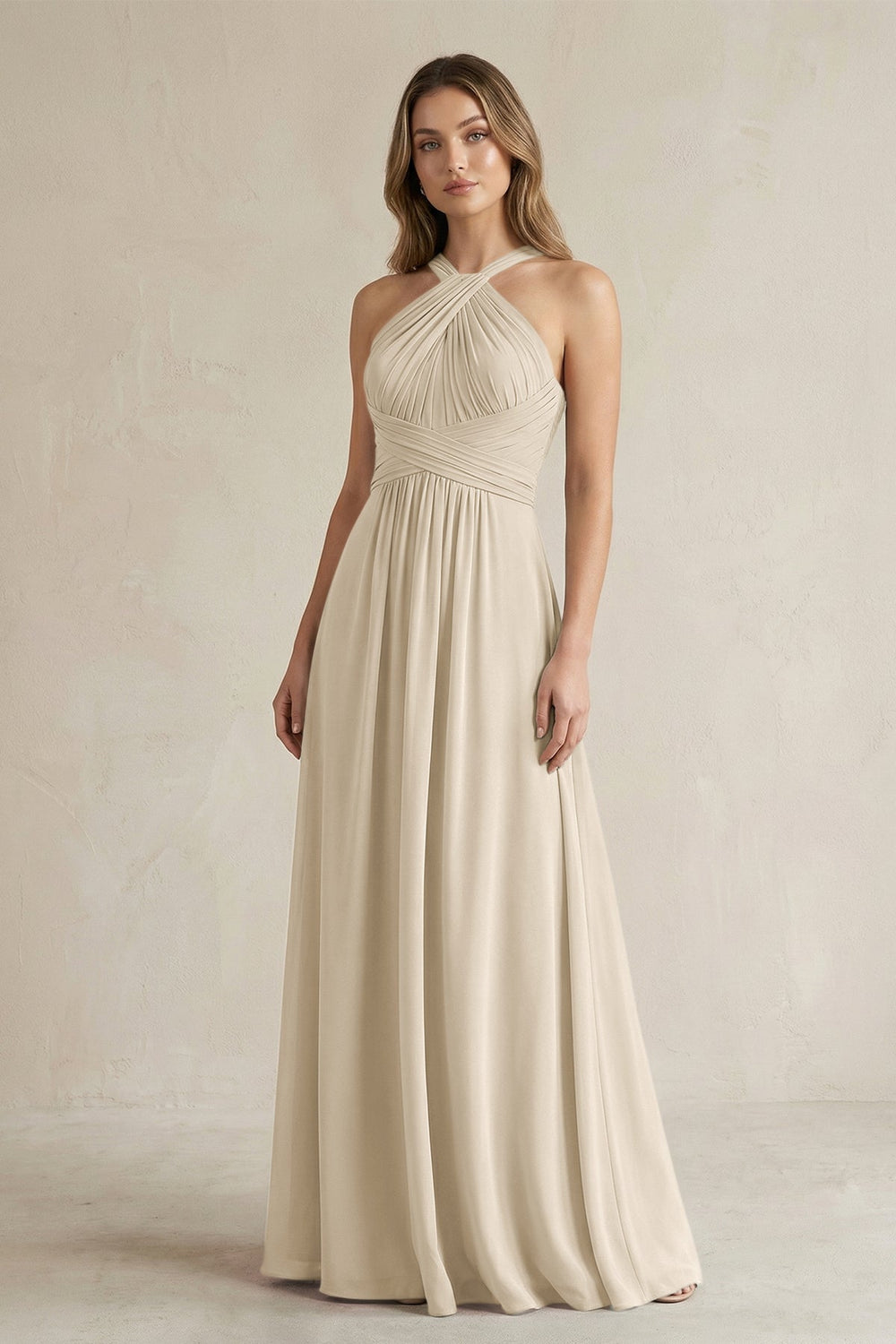 Cross Halter A - Line Pleated Bridesmaid Dress in Champagne - KISS BRIDAL Bridesmaid Dresses